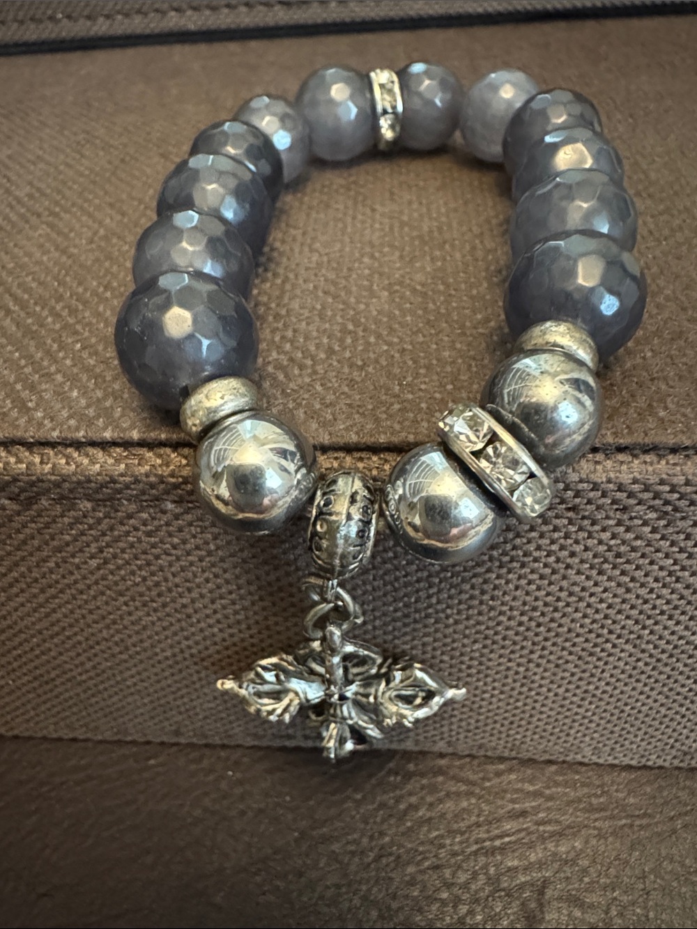 Gray Beaded Bracelet with Silver Cross Charm